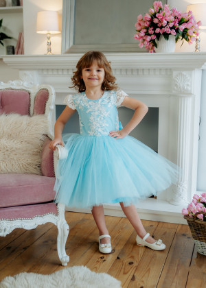 Ivory Lace Mint Blue Tulle Flower Girl Dress